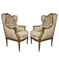 Pair of French Giltwood Wing Chairs