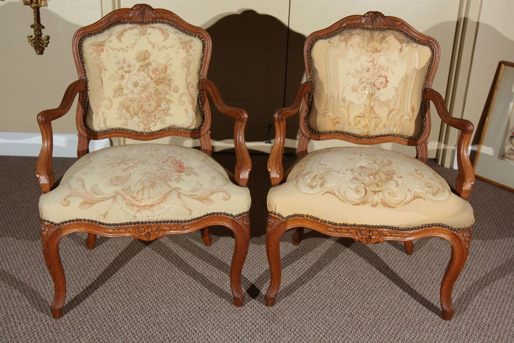 Pair of Louis XVI Style Arm Chairs in Needlepoint Upholstery