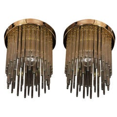 Pair of Glass Rod & Brass Flushmount Fixtures by Lightolier