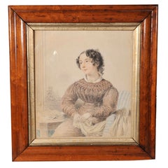 Signed and Dated Pencil and Watercolor Portrait of  a Young Girl 