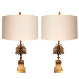 A Pair of Maison Charles Bronze Pinecone Table Lamps.