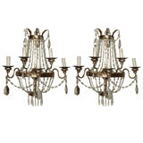 Antique 9013A     A PAIR OF 19TH C FRENCH CRYSTAL & TOLE SCONCES