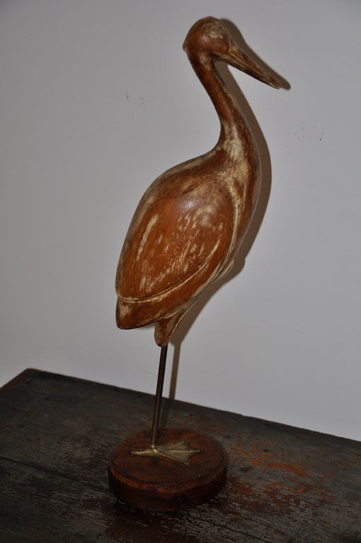 19THC HAND CARVED CRANE W/ FRAGMENTS OF OLD WHITE PAINT