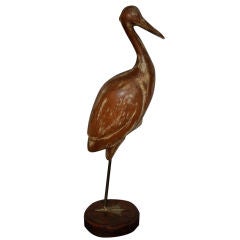 19THC HAND CARVED CRANE W/ FRAGMENTS OF OLD WHITE PAINT
