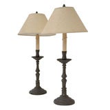 PAIR OF PEWTER CANDLE STICK ELECTRIFIED LAMPS W/PARCHMONT SHADES