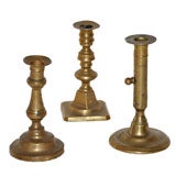 Antique THREE ODD 19THC EARLY BRASS CANDLE STICK HOLDERS