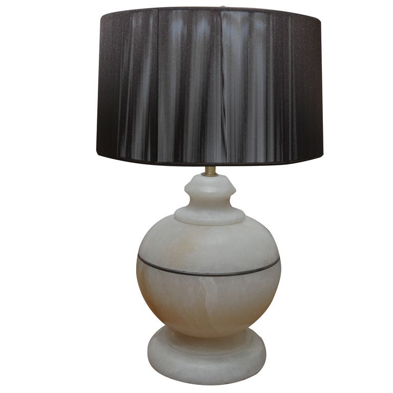 Round Alabaster Table Lamp with Custom Shade For Sale