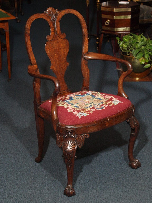 Antique English Georgian style burled walnut armchair with tapestry