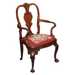 Antique English Georgian Style Burled Walnut Armchair