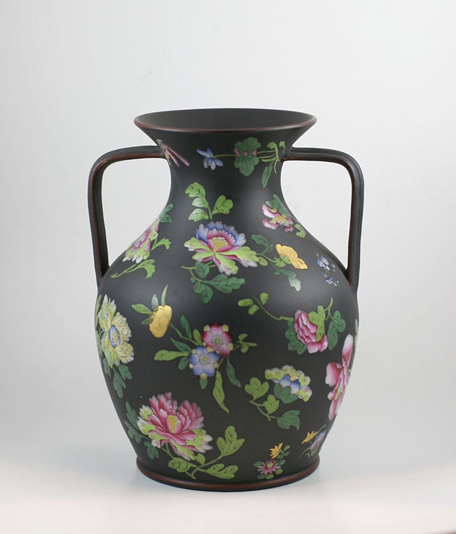 A fine Wedgwood basalt Portland Vase shape enameled in the famille-rose style