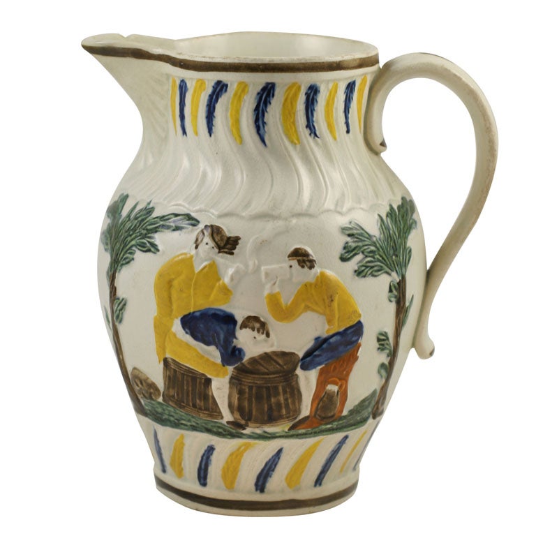 English Pearlware Pitcher  "Three Drunk Grooms" For Sale
