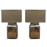 Ribbed Mercury Glass Lamp with Taupe Silk Shades