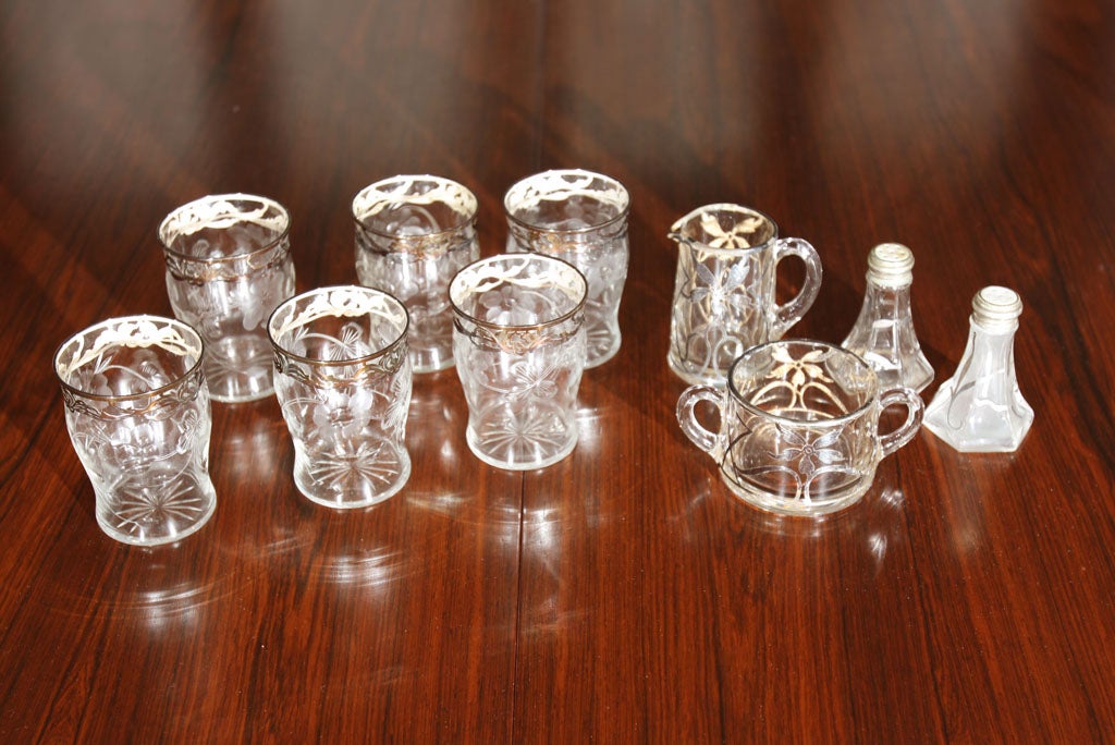 six silver glass overlay glasses, creamer, sugar