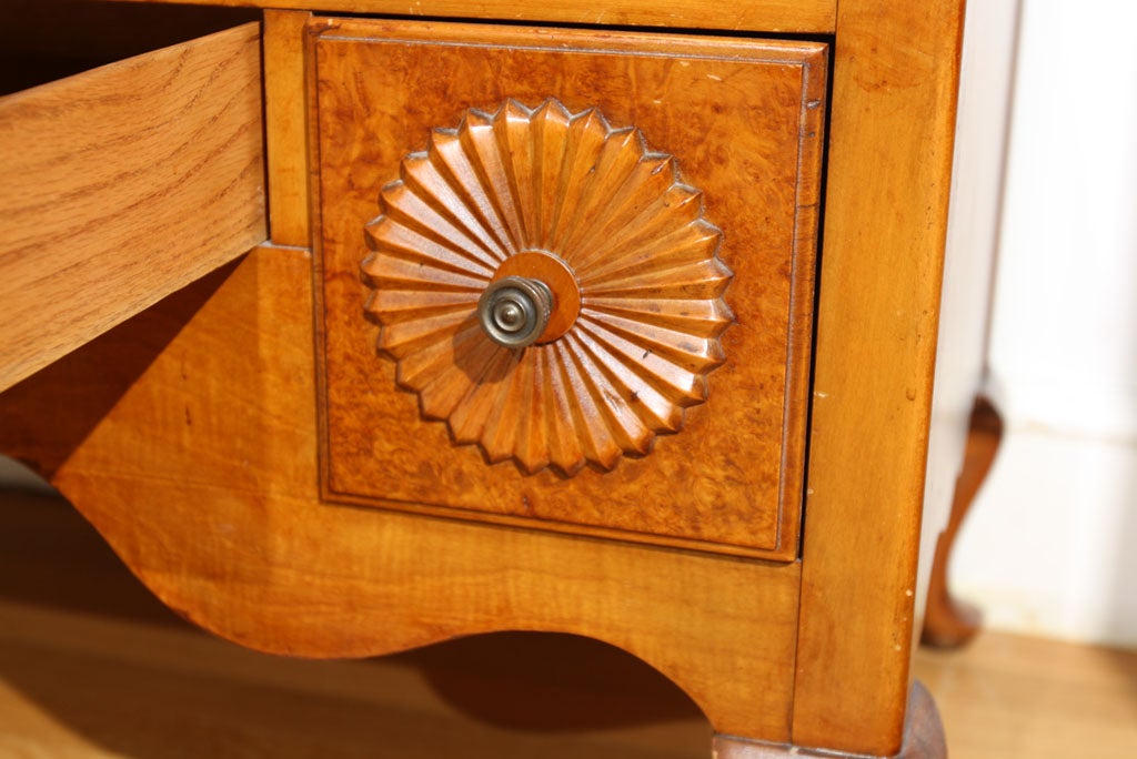 Carved Tiger and birds eye maple tall chest with eight drawers For Sale
