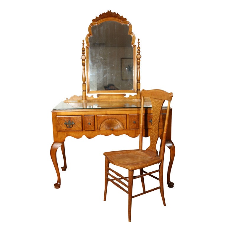 Birds eye Maple Dressing Table Mirror and Chair For Sale