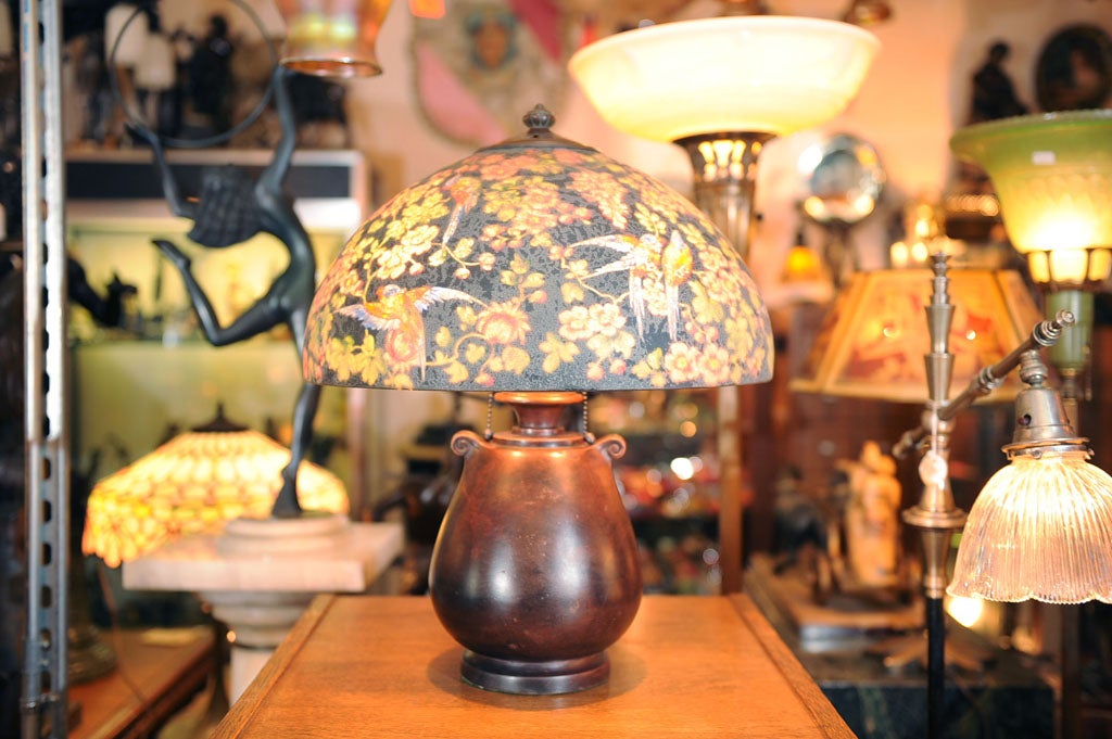 Glass Signed Handel Reverse Painted Bird Lamp