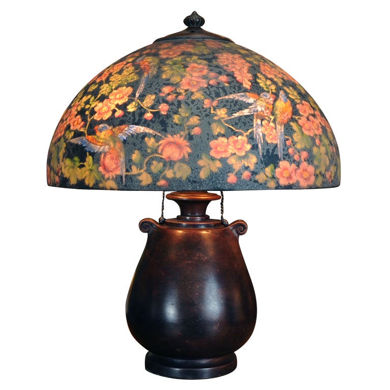 Signed Handel Reverse Painted Bird Lamp