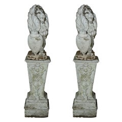 LEFT and RIGHT PAIR Handsome Cast Stone Lions on Pedestals 60" T