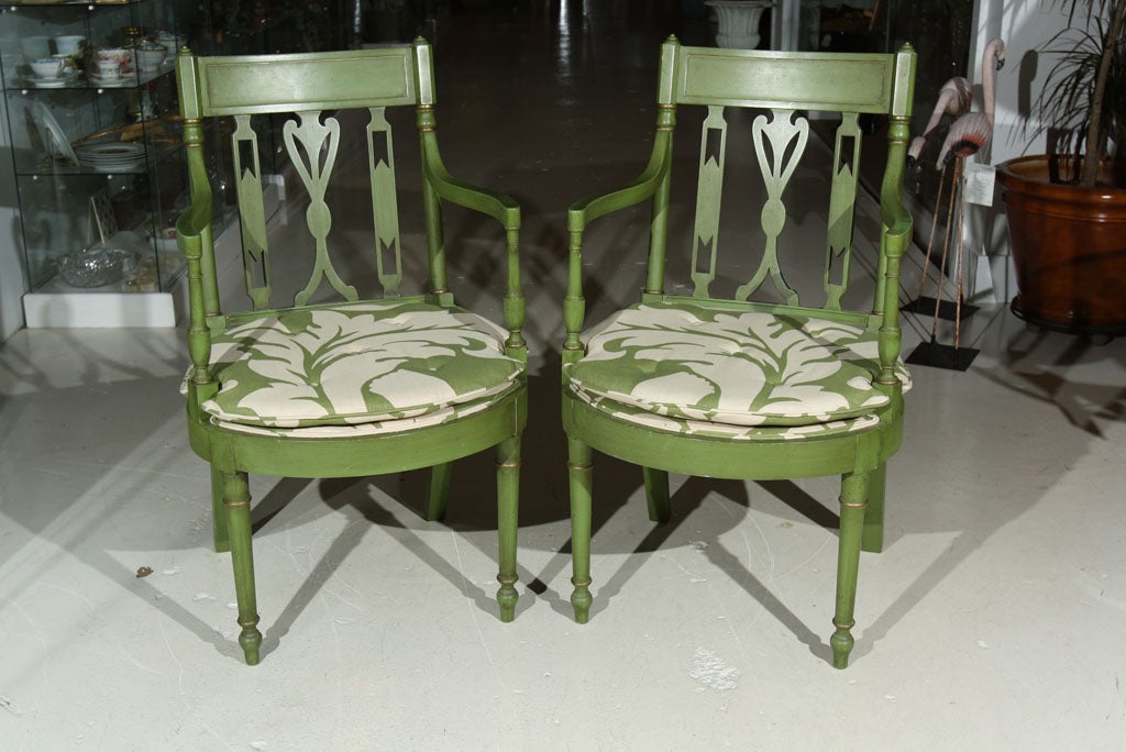 Offered here is a beautiful pair of newly refinished/painted Regency Style Armchairs with a modern print upholstery fabric cushion.