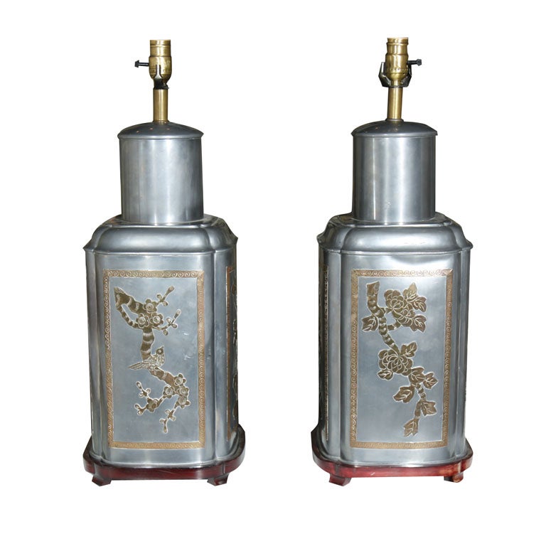 PAIR Brass Overlay Chinoiserie Lamps