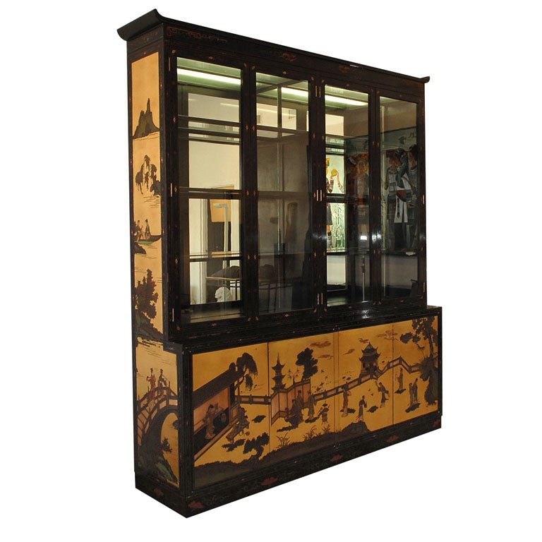 Black Lacquer and Gold Leafed Chinoiserie Breakfront 1970s