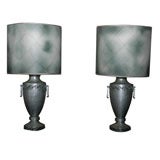 PAIR OF LARGE URN LAMPS WITH ORIGINAL SHADES BY JAMES MONT