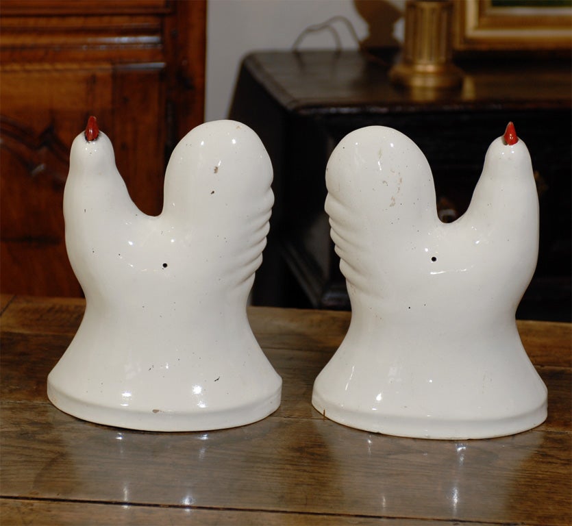 Victorian Matching Pair of English Late 19th Century White Staffordshire Roosters on Bases