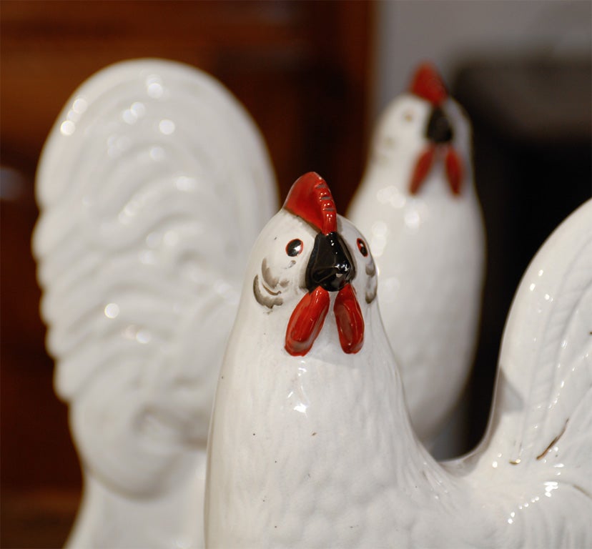 Matching Pair of English Late 19th Century White Staffordshire Roosters on Bases In Good Condition In Atlanta, GA