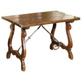 Antique Spanish 19th Century Fratino Side Table with Iron Stretcher