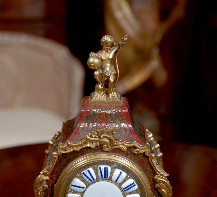 19th Century French Bronze Mounted Boule Mantle Clock with Porcelain Face For Sale 1