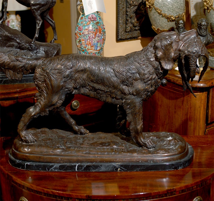 Bronze Hunting Dog with Bird Signed by Pierre-Jules Mêne 1