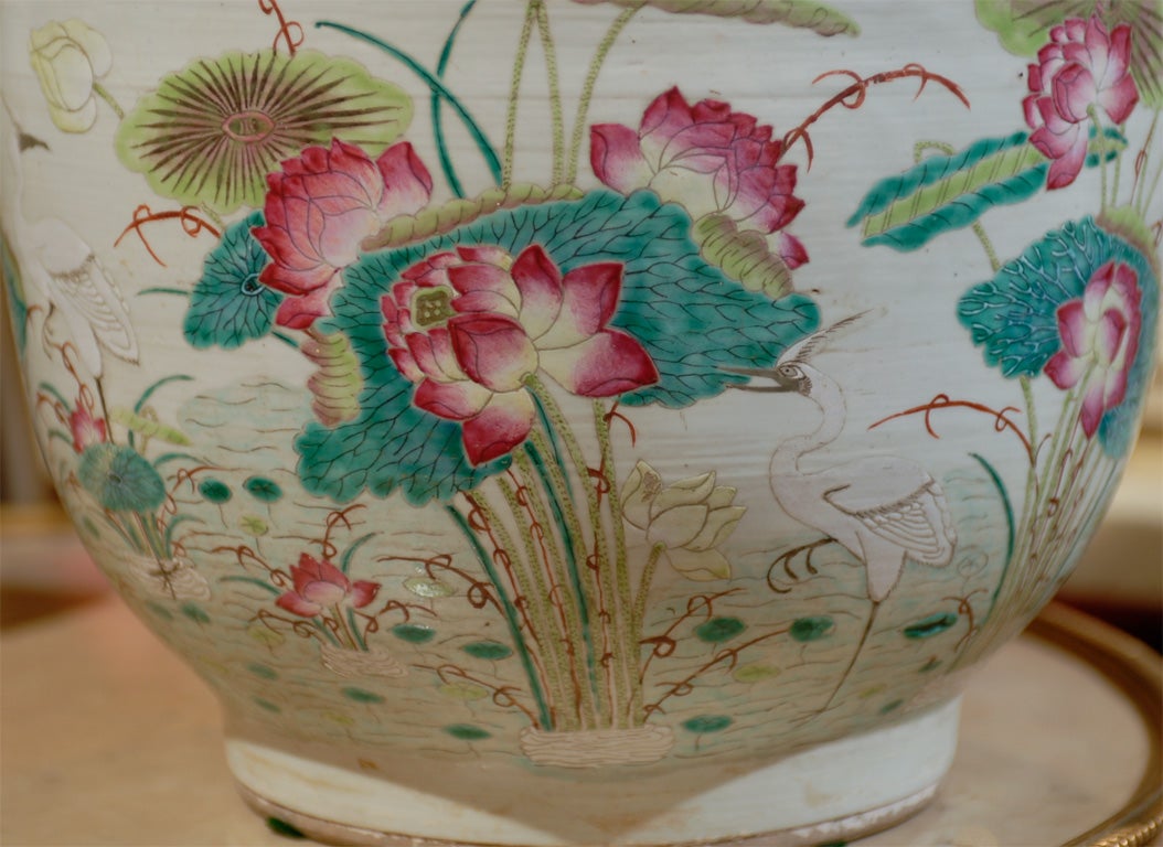 19th-20th Century Chinese Ceramic Glazed Planter with Cranes, Lily Pads, & Lotus In Good Condition In Atlanta, GA