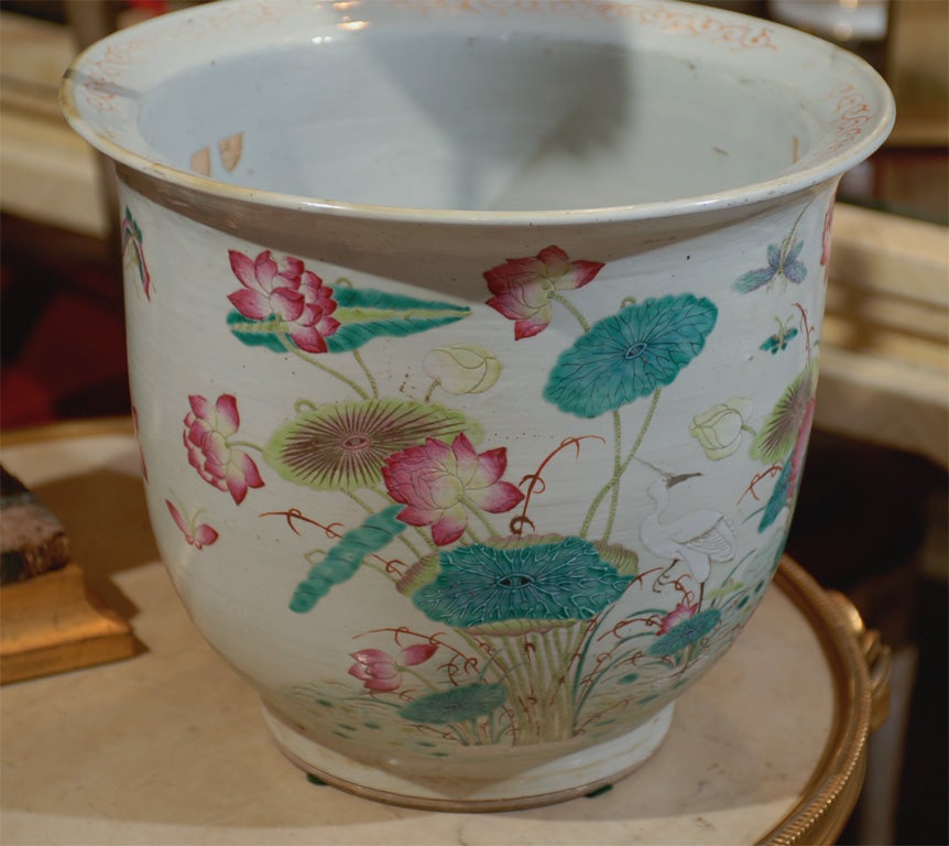 19th Century 19th-20th Century Chinese Ceramic Glazed Planter with Cranes, Lily Pads, & Lotus