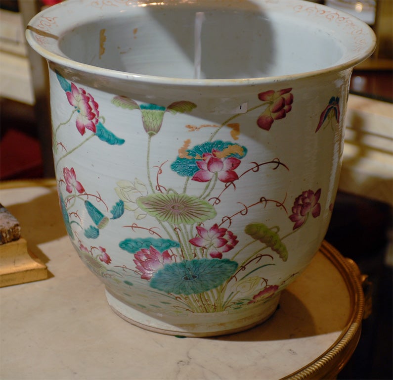 19th-20th Century Chinese Ceramic Glazed Planter with Cranes, Lily Pads, & Lotus 1