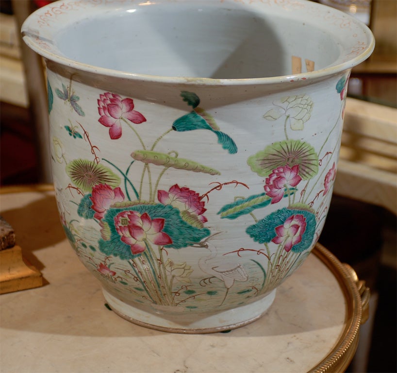 19th-20th Century Chinese Ceramic Glazed Planter with Cranes, Lily Pads, & Lotus 2
