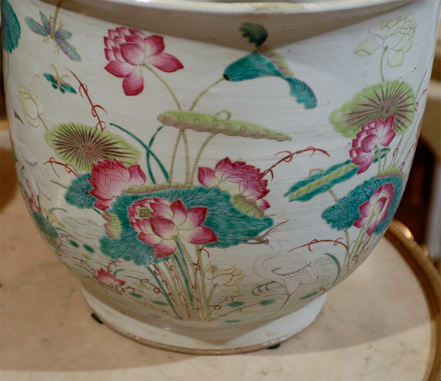 19th-20th Century Chinese Ceramic Glazed Planter with Cranes, Lily Pads, & Lotus 3