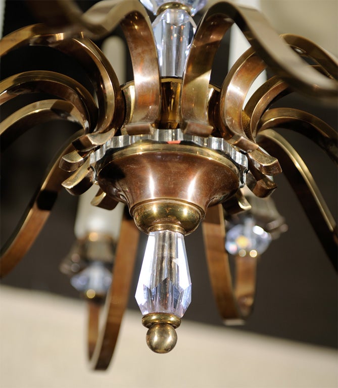 1940's  12-lite bronze and crystal chandelier