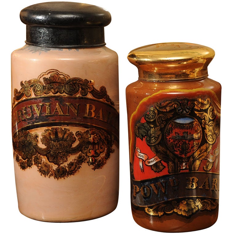 Reverse Painted Glass Pharmacy Jars, English, circa 1830 For Sale