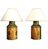 Pair of Green and Gilt Tole Tea Tin Lamps