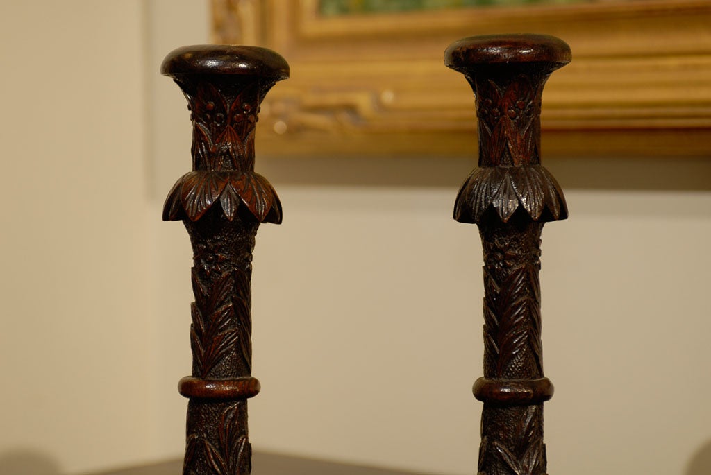 19th Century Rare Irish Bog Oak Carved Candlesticks 2
