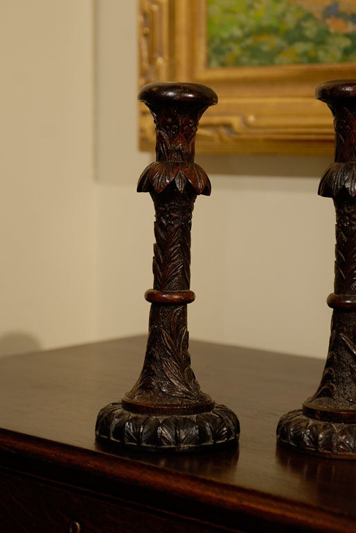 19th Century Rare Irish Bog Oak Carved Candlesticks 4