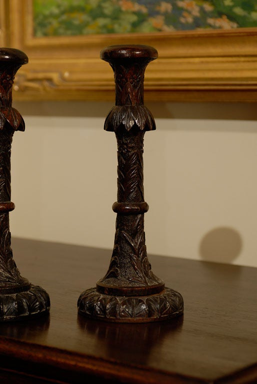 19th Century Rare Irish Bog Oak Carved Candlesticks 5