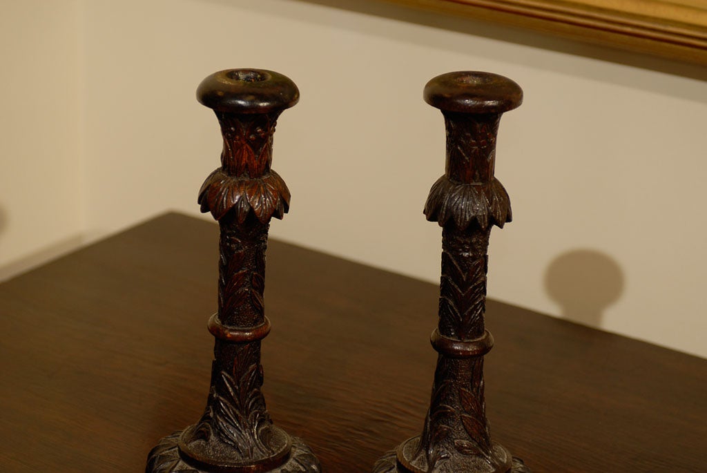 19th Century Rare Irish Bog Oak Carved Candlesticks 6