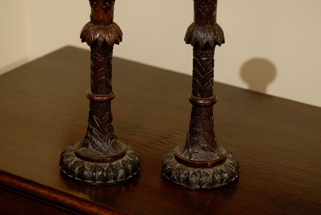 19th Century Rare Irish Bog Oak Carved Candlesticks 7