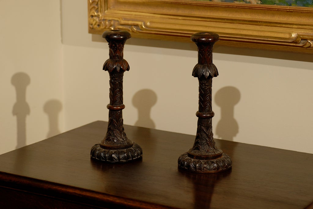 19th Century Rare Irish Bog Oak Carved Candlesticks at 1stDibs
