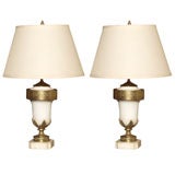 Pair antique French marble and bronze lamps.