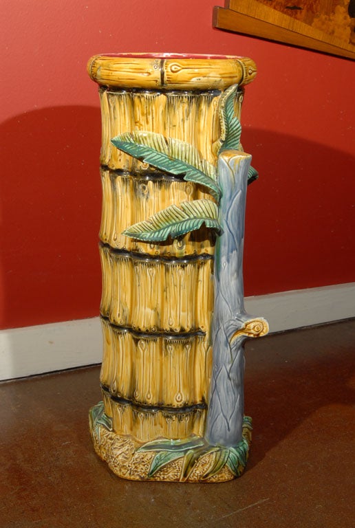 A Majolica or Barbotine umbrella or stick (walking cane) stand with a bamboo design by the celebrated French pottery, Onnaing. 

Marked on the base.

Perfect for a garden room or conservatory!
