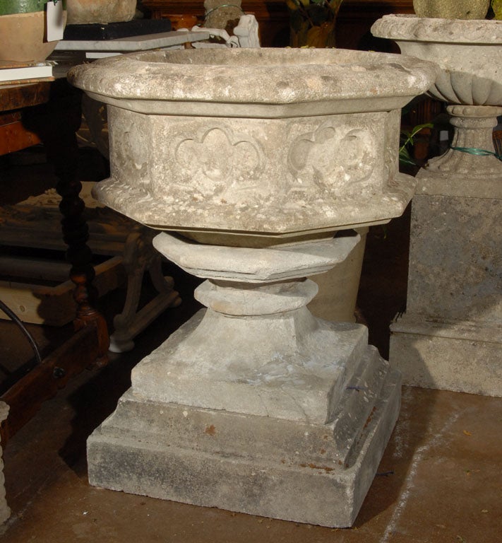 A Pair of English Garden Stone Urns on Plinths (Quatrefoil)