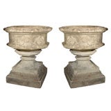 A Pair of English Garden Stone Urns on Plinths (Quatrefoil)