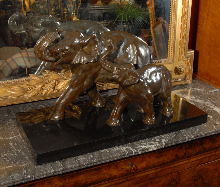 Bronze Elephants on Black Marble by Michel Decoux (1837-1924)